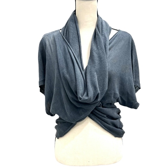 PURE DKNY STEEL BLUE LINEN SHORT SLEEVE MULTIWAY DRAPE FRONT OPEN CARDIGAN - Picture 12 of 16